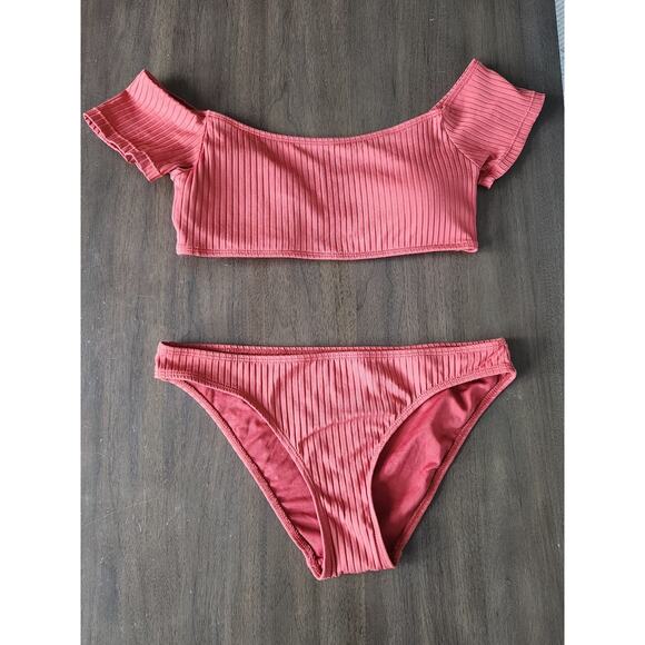 Cabana Del Sol Off The Shoulder Terracotta Ribbed Bikini 2 Piece Swimsuit M - Picture 1 of 6